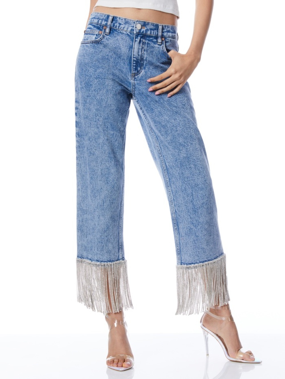 Alice + Olivia Amazing Boyfriend Jeans Crystal Fringe Hem Lightning Blue Size 31